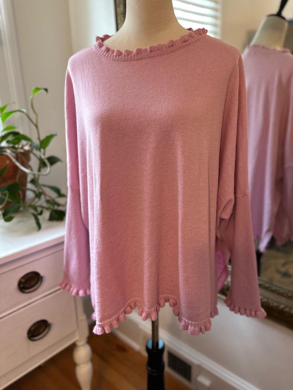 Mersea sweater pastel pink boxy oversized OS ruffled Lagenlook cotton blend